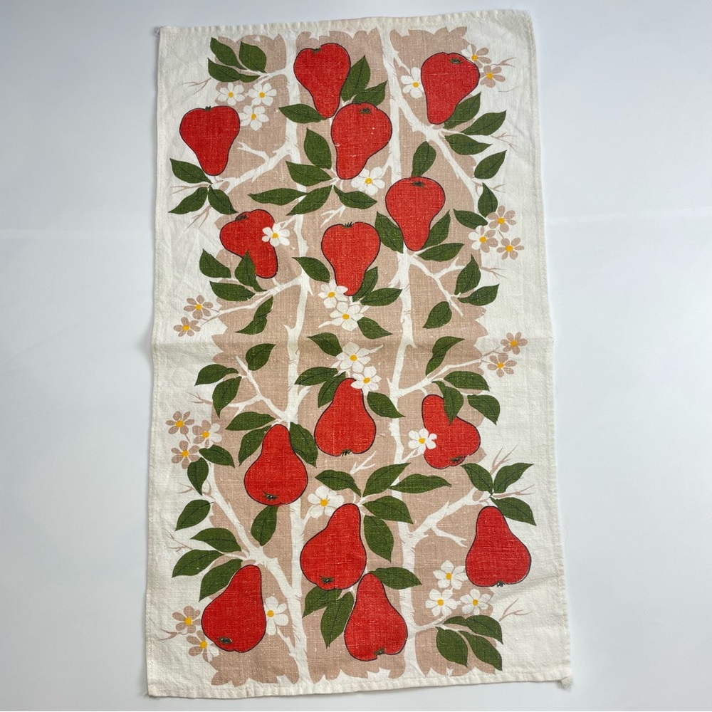 Vintage Tea‎ Towel Pear Print Retro Fruit Branches Produce Kitchen Linens Orange
